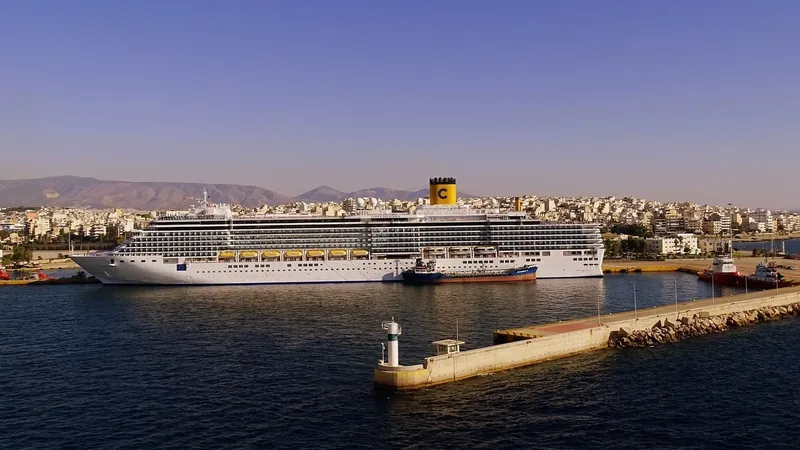 A large white cruise ship moored alongside a quay with a lighthouse and the city rising behind