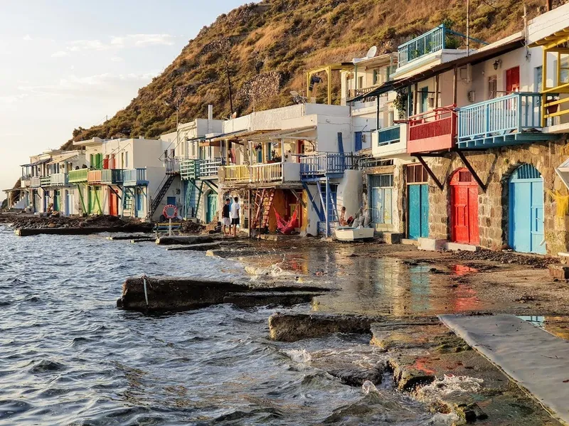 The colourful fishermen's boat houses at Klima on Milos beside the water